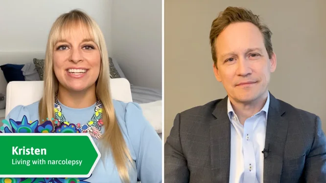 Video thumbnail with Kristen, a real person with narcolepsy taking WAKIX, and sleep specialist Dr. Chris Winter discussing talking to your healthcare provider when starting WAKIX